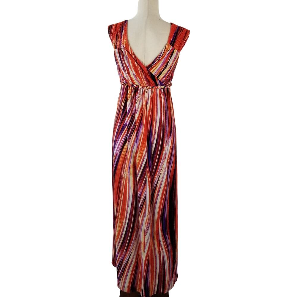 Boston Proper Orange Purple White Yellow Striped Boho Tie Waist Maxi Dress 4